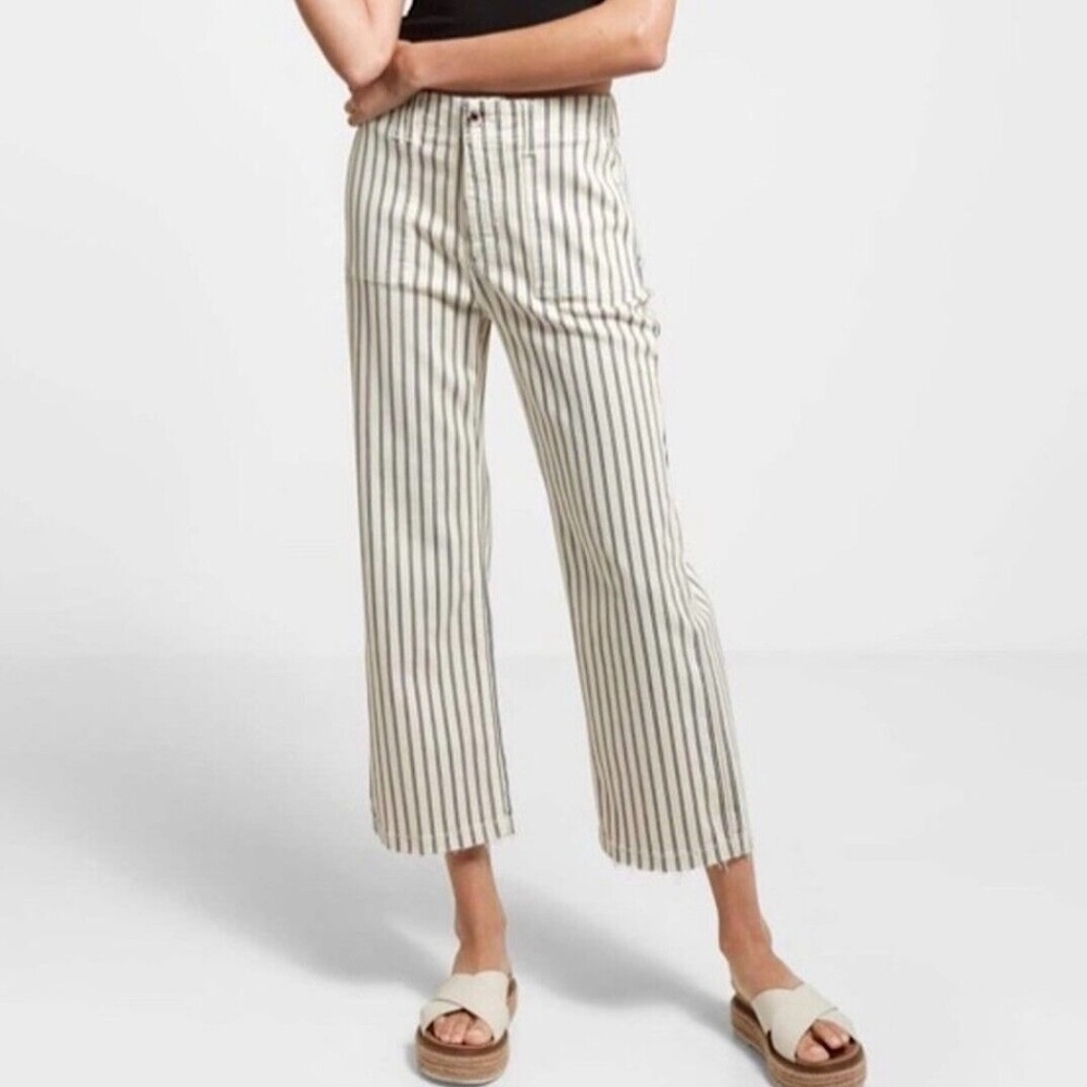 New Sam Edelman Striped Wide Leg Cropped Pants Chelsea Cream Indigo Size 27 / 4 - Picture 4 of 16